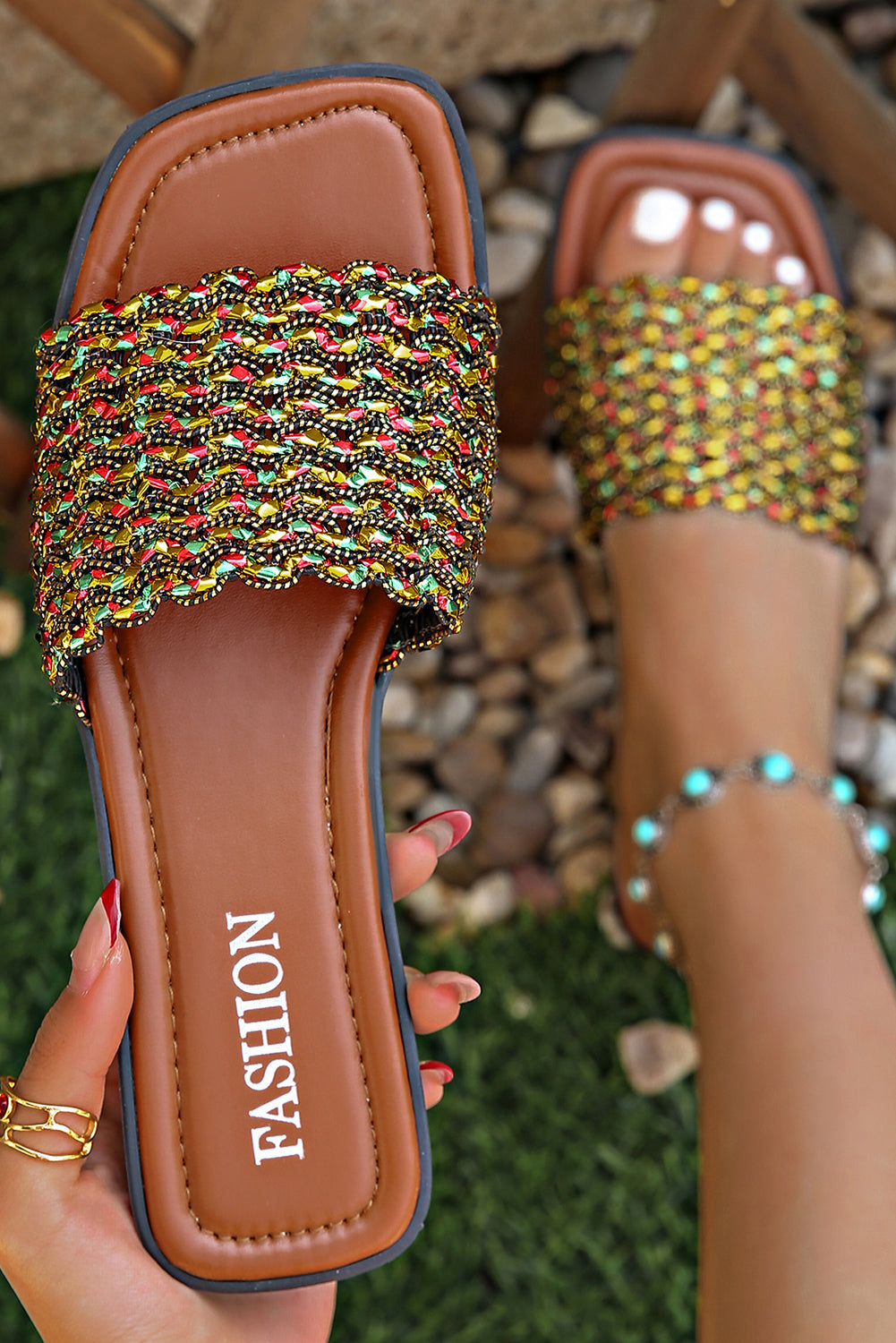 Red Dahlia Glitter Braided Square Toe PU Leather Slippers