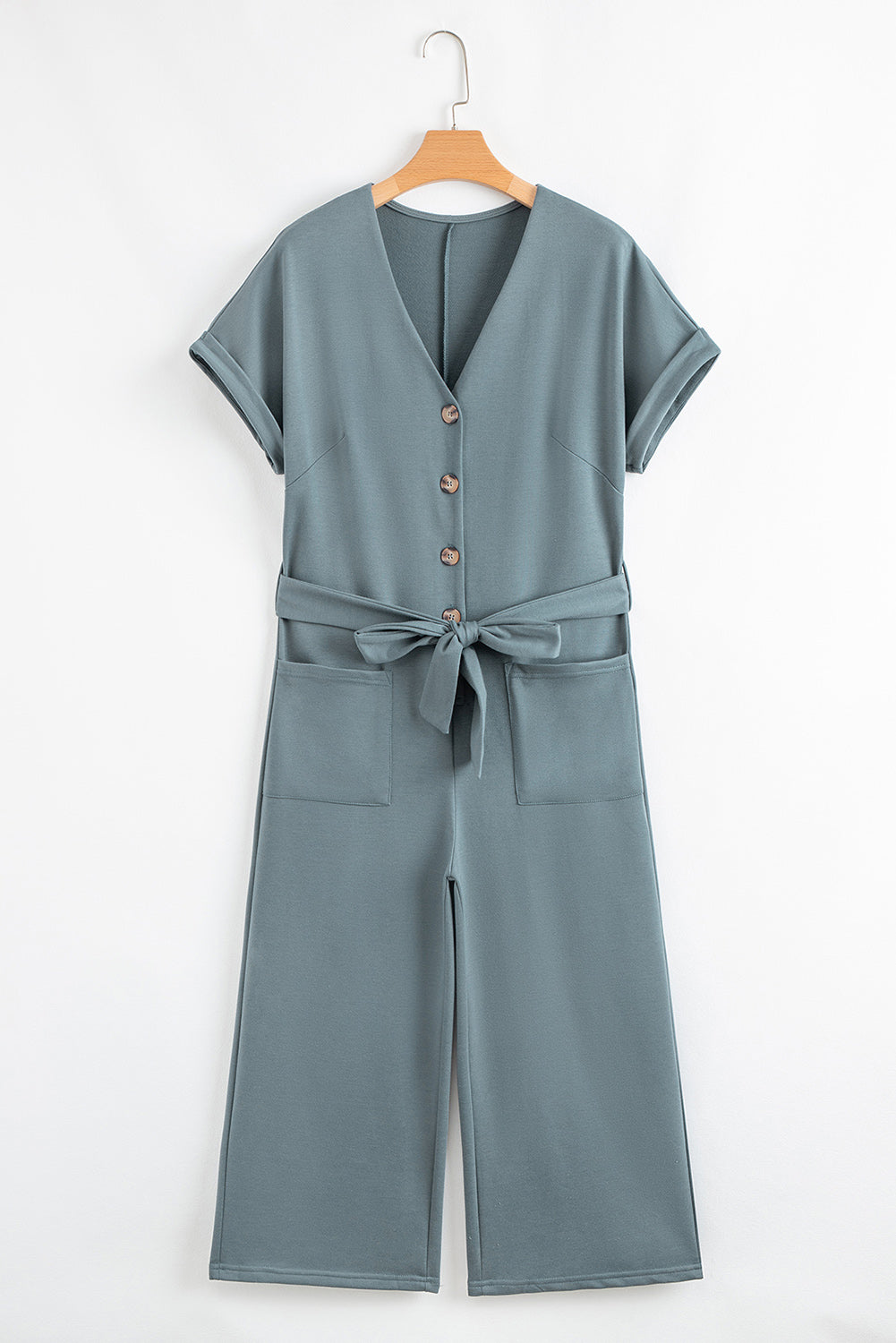 Blue Dolman Button Belted V Neck Wide Leg Pocketed Jumpsuit