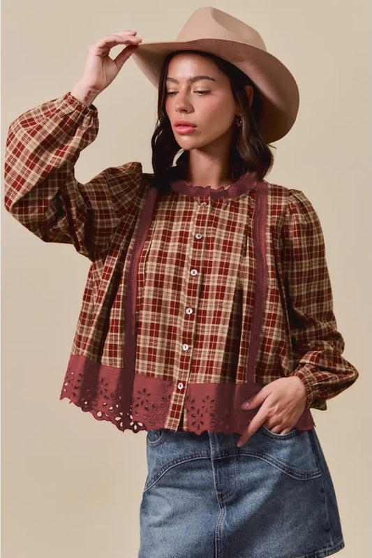 Red Dahlia Plaid Eyelet Lace Trim Button Down Loose Long Sleeve Shirt