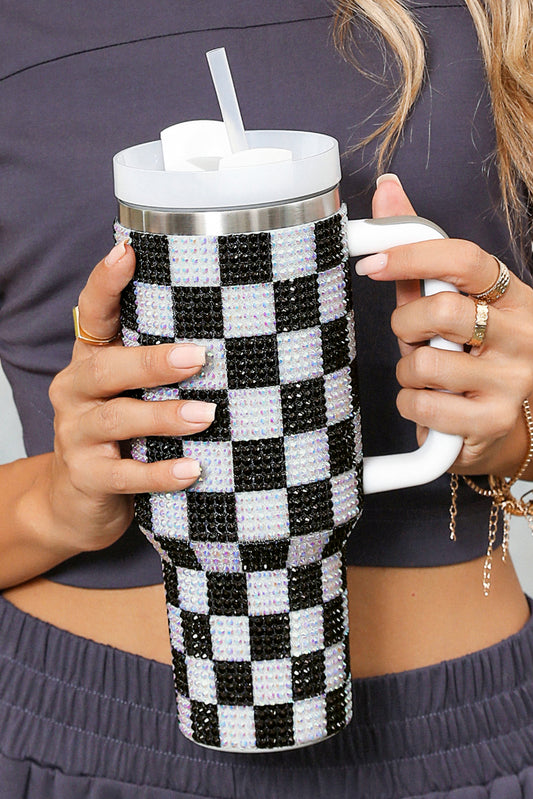 Black Full Rhinestone Checkerboard Handled Tumbler 40oz