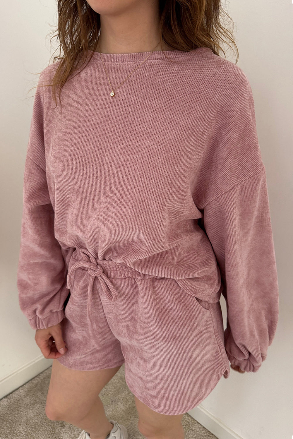 Fushia Solid Color Textured Knit Drop Shoulder Pullover Drawstring Shorts Set