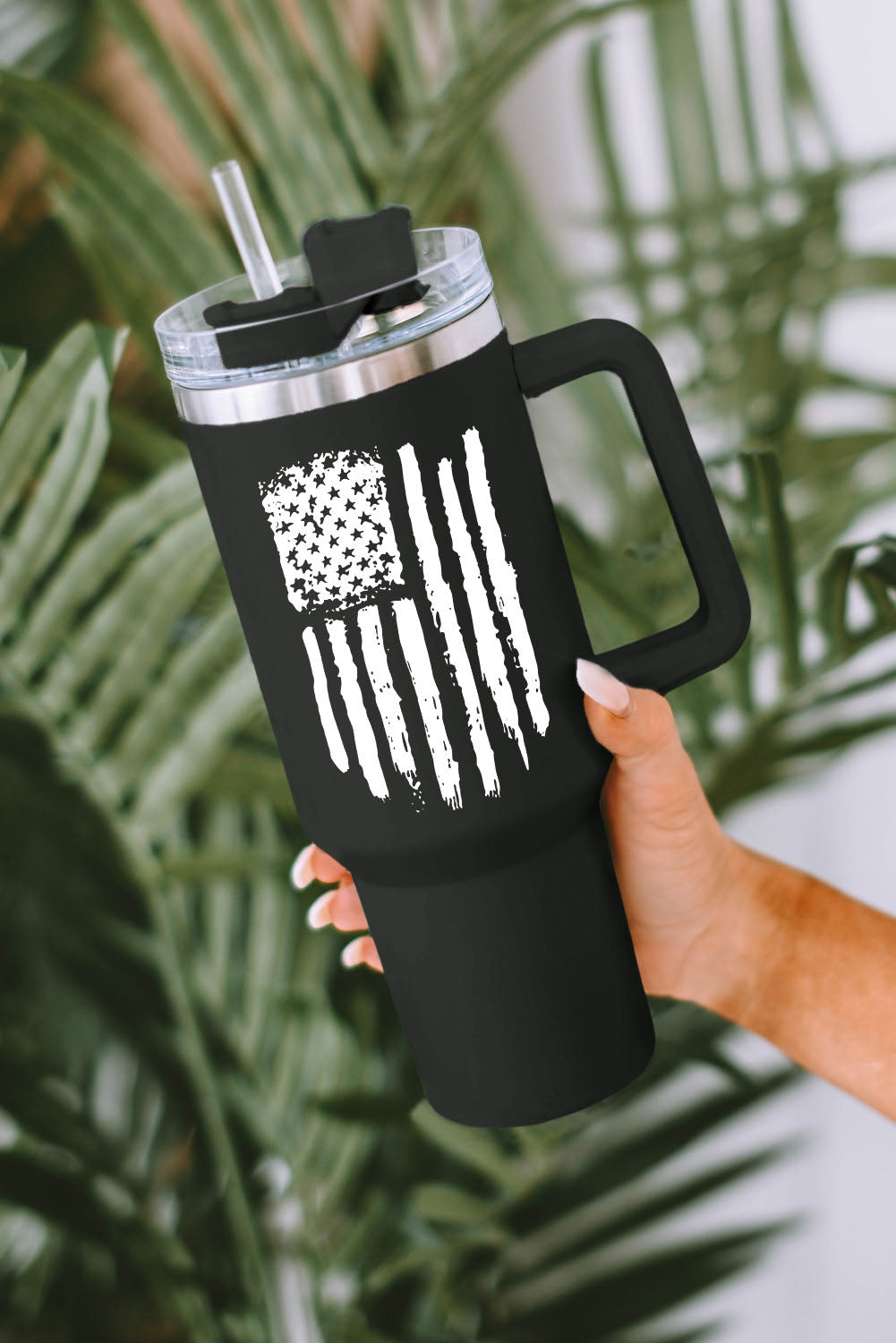 Black American Flag Print Stainless Steel Portable Cup with Handle 40oz