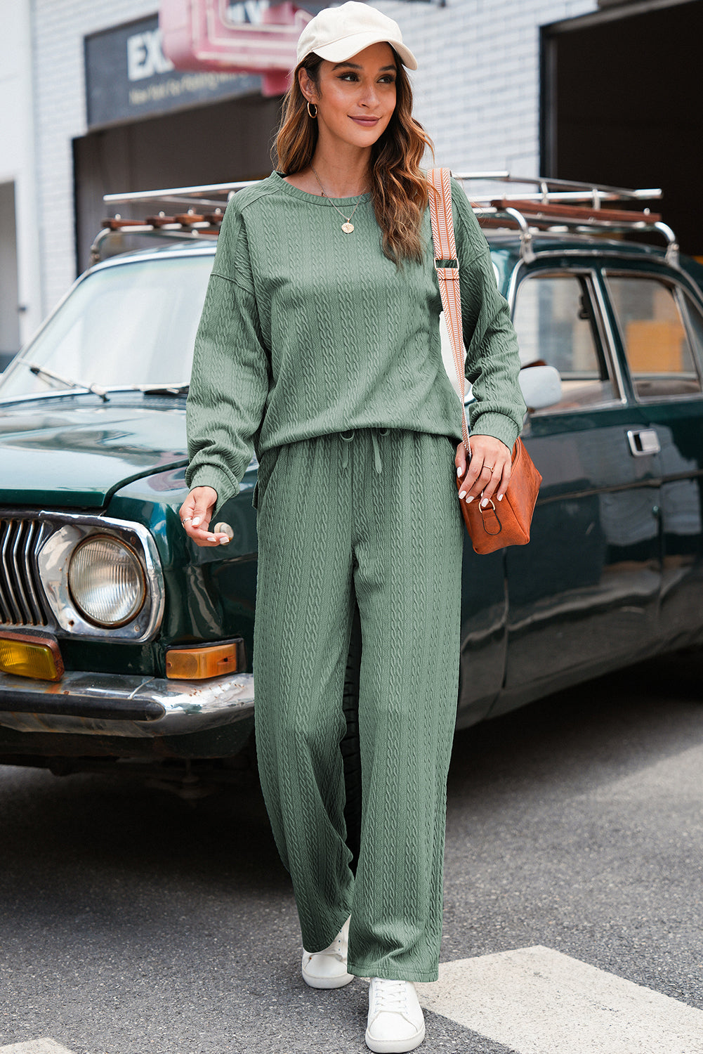 Smoke Green Textured Round Neck Sweatshirt & Loose Drawstring High Waist Pant Set