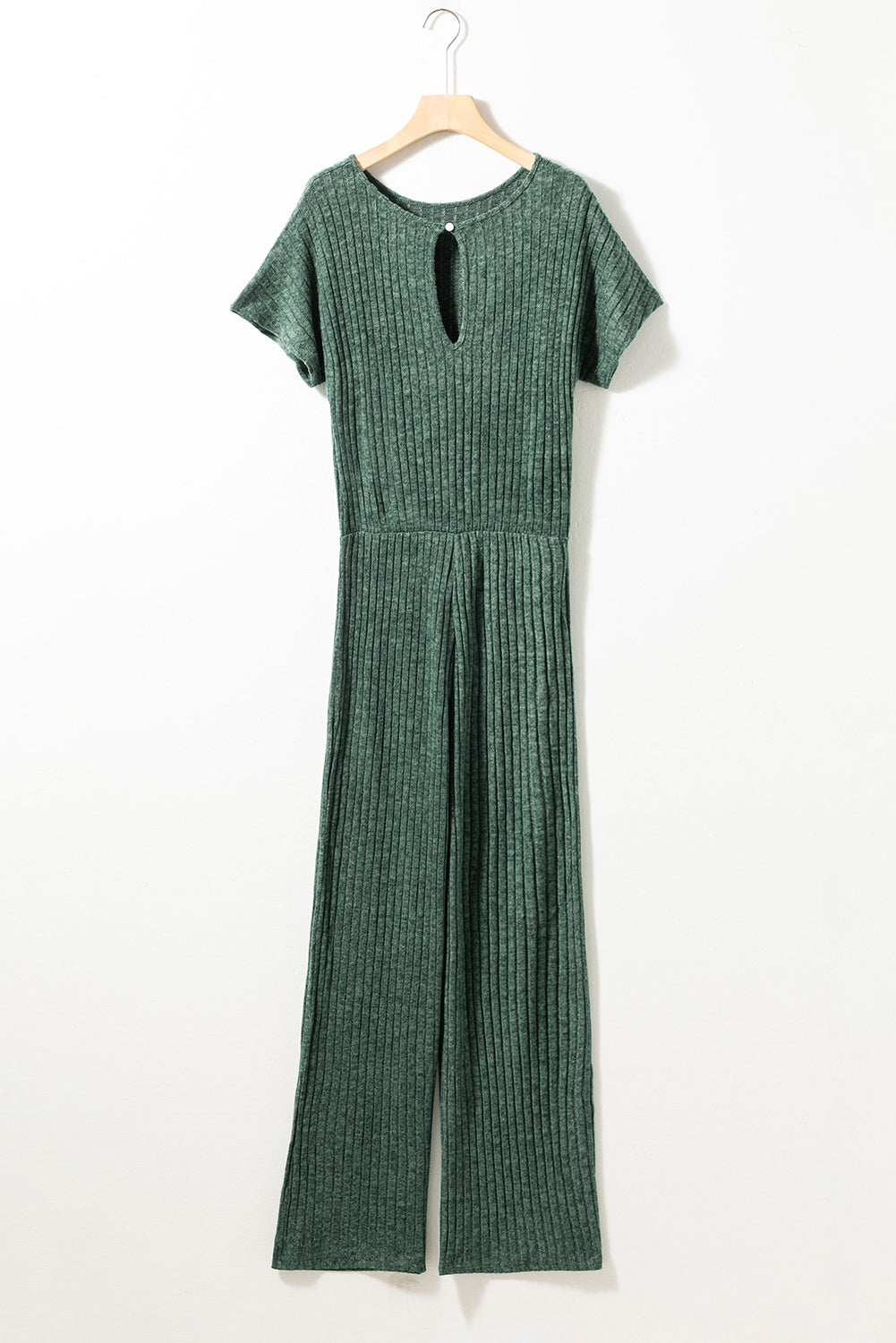 Mist Green Ribbed Keyhole Short Sleeve Wide Leg Jumpsuit