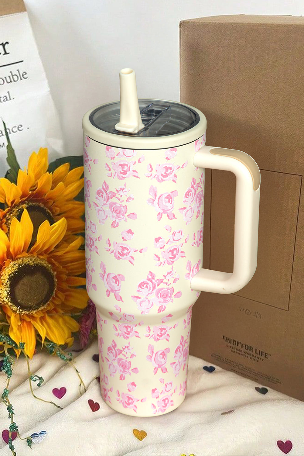 White Flower Print Handle Insulated Large Tumbler 40oz