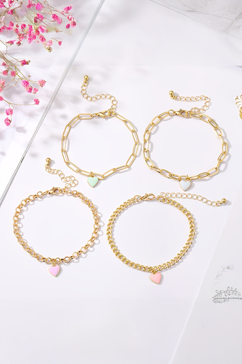 Gold Heart Charm Multi Layer Adjustable Chain Bracelet