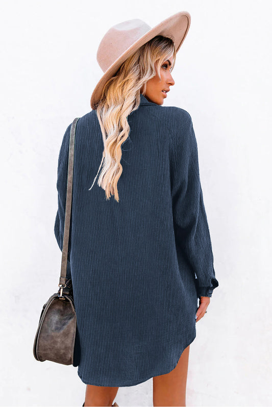 Blue Corduroy Shirt Style Full Button Long Sleeve Shift Mini Dress