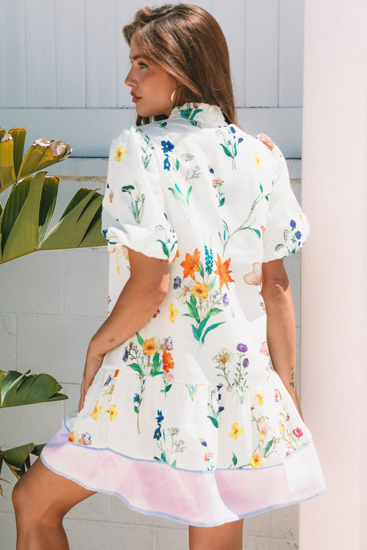 White Floral Print Contrast Striped Patchwork Short Puff Sleeve Dress