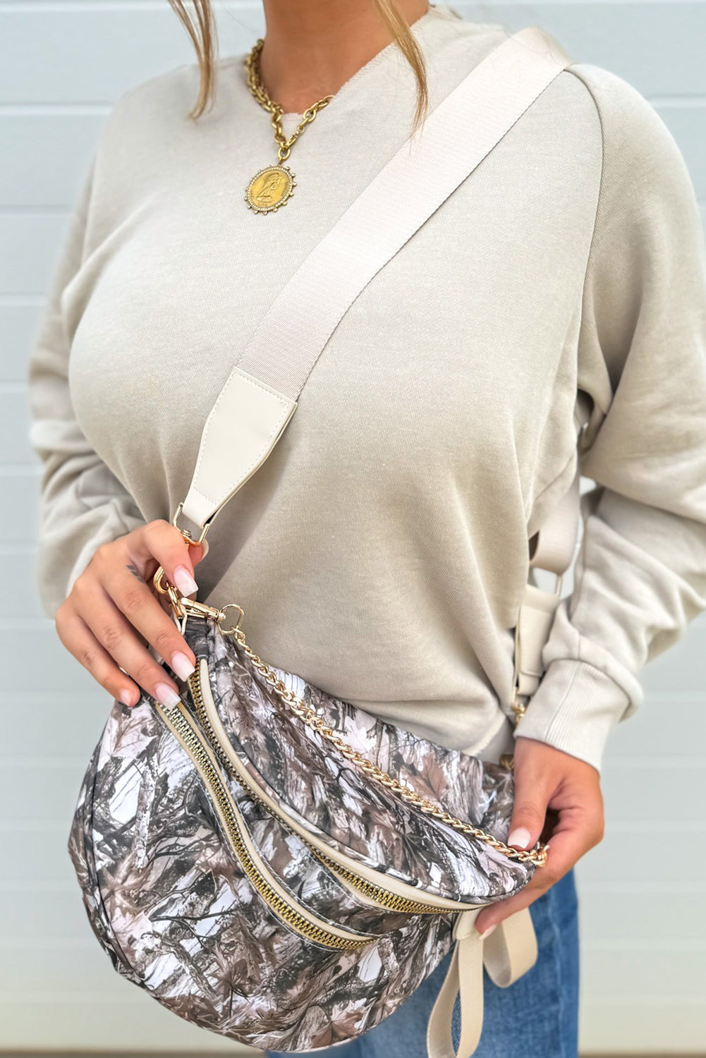 Medium Grey Camouflage Print Gold Chain Strap Double Zipper Crossbody Bag