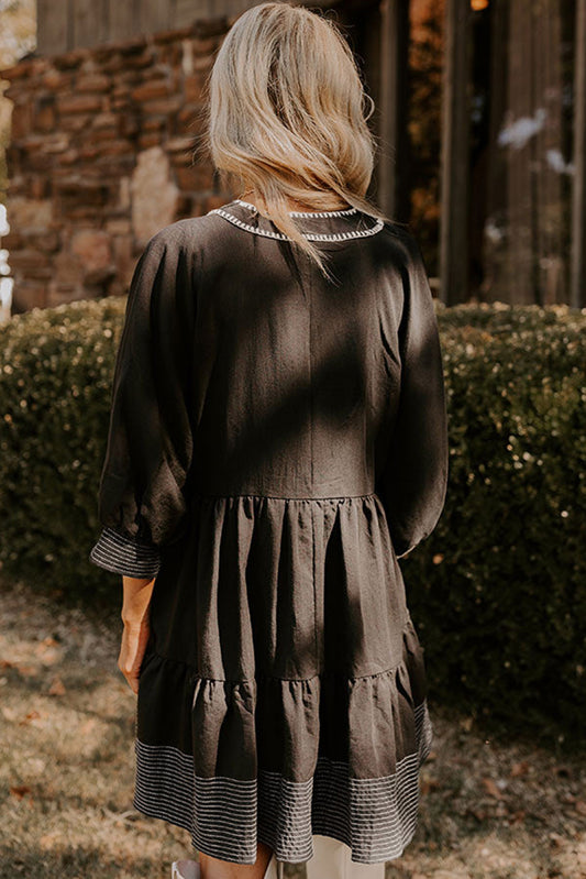 Black Contrast Stitched V Neck 3/4 Sleeve Tiered Mini Dress