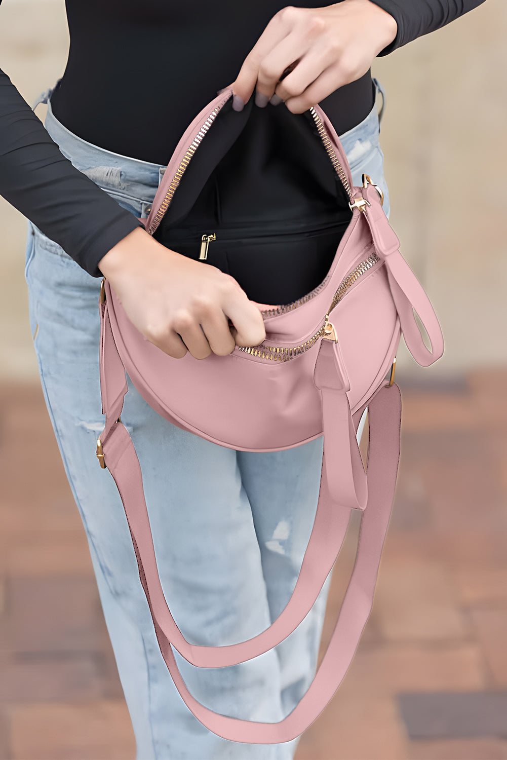 Pink Double Zip Crescent Shape Adjustable Sling Bag