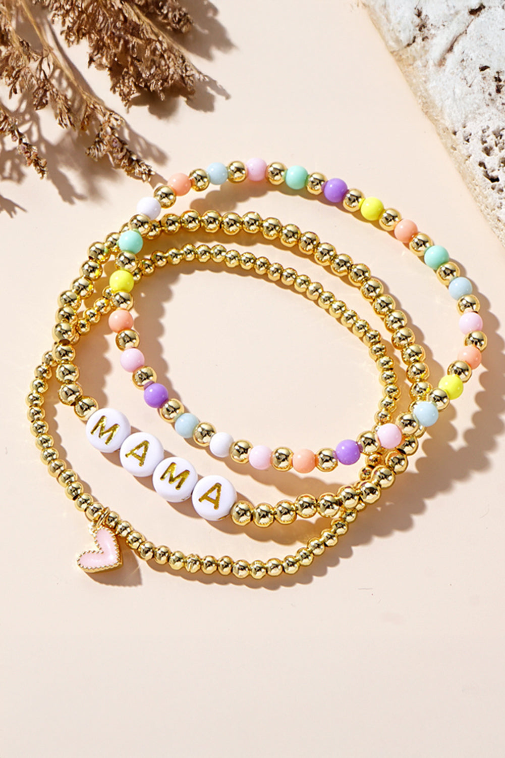 Gold MAMA Heart Beaded Multi Layer Stretch Bracelet