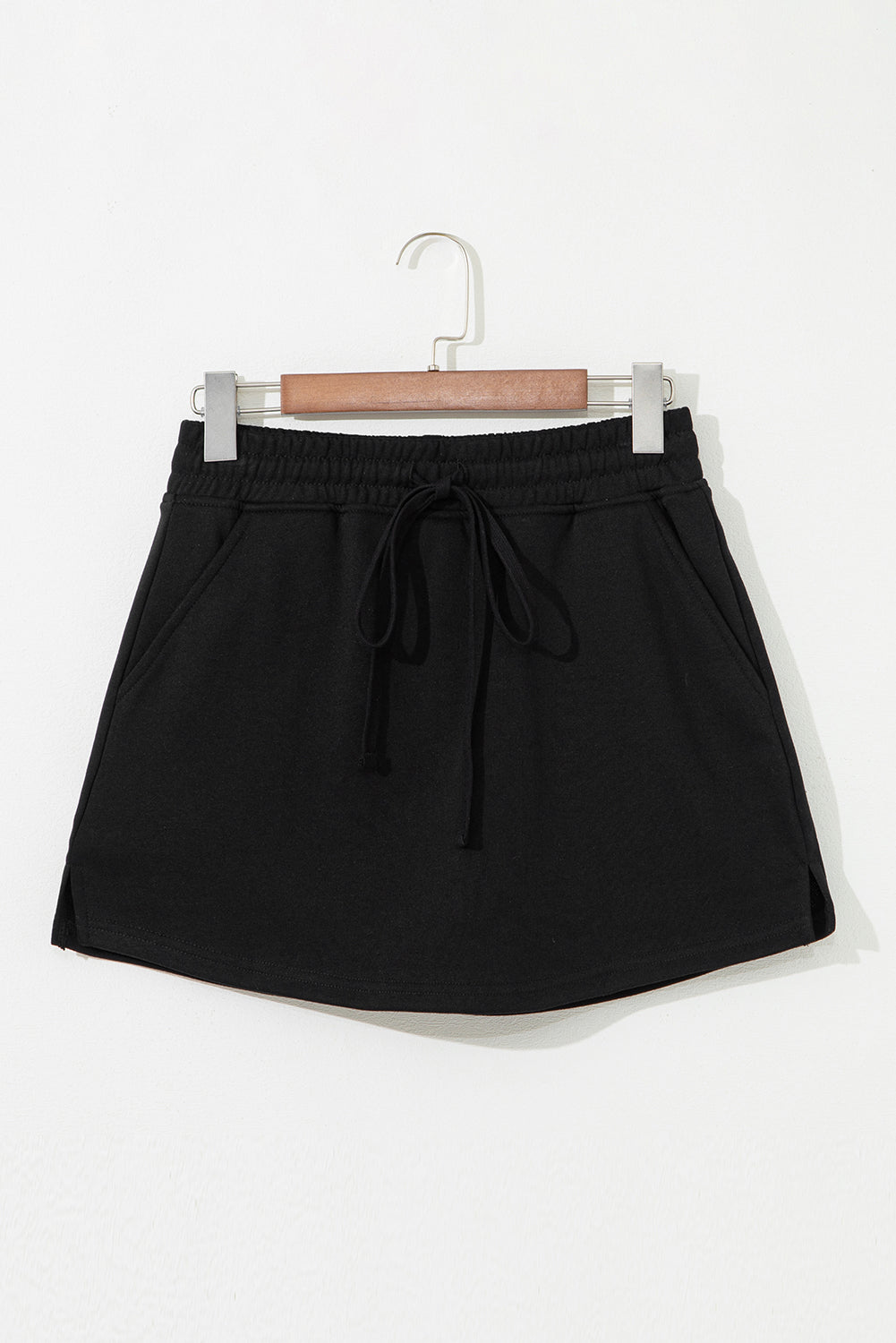 Black French Terry Drawstring Elastic Waistband Mini Skort with Pockets