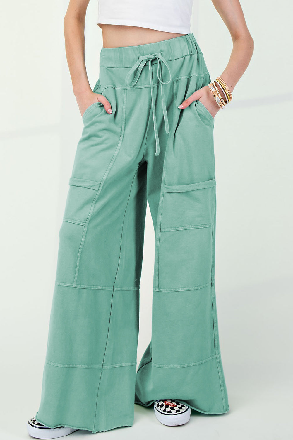 Mint Green Mineral Wash Exposed Seam Drawstring Elastic Waistband Wide Leg Cargo Pants