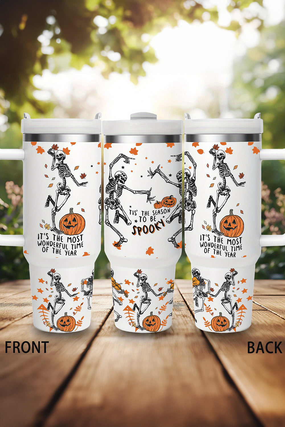 White 1200ml Halloween Dancing Skeleton Pumpkin Face Printed Thermos Cup