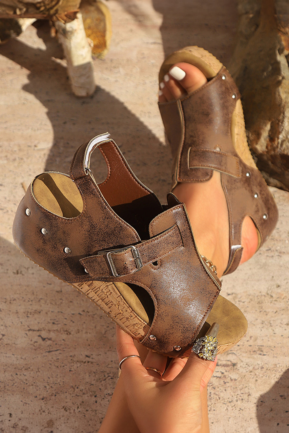 Coffee Cut Out Buckle Decor PU Leather Platform Sandals
