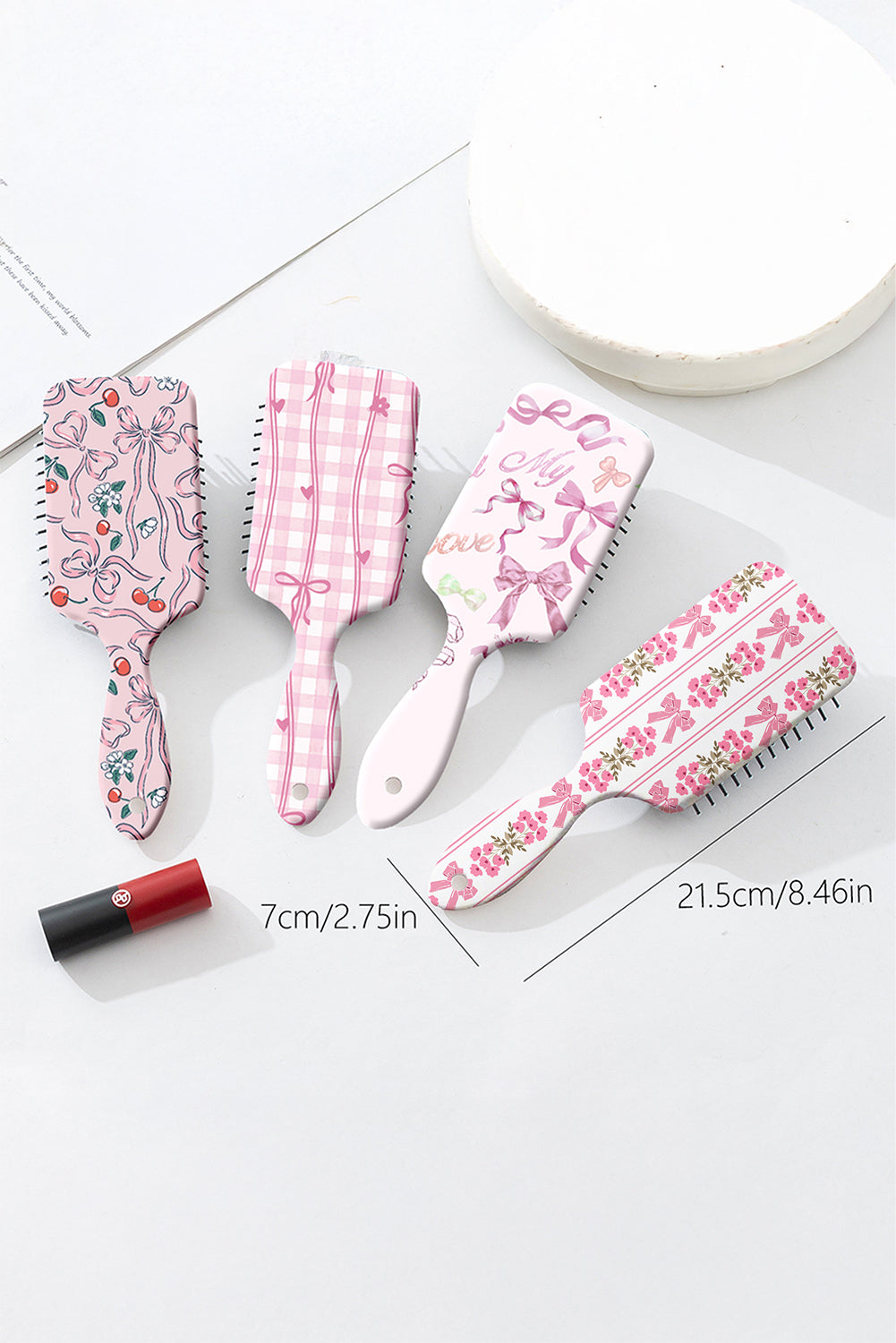 Pink Floral Bow Print Long Handle Air Cushion Comb