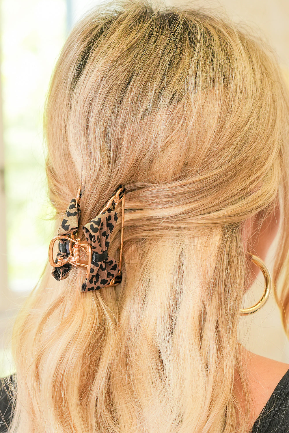 Camel Leopard Print Bow Decor Alloy Hair Claw Clip