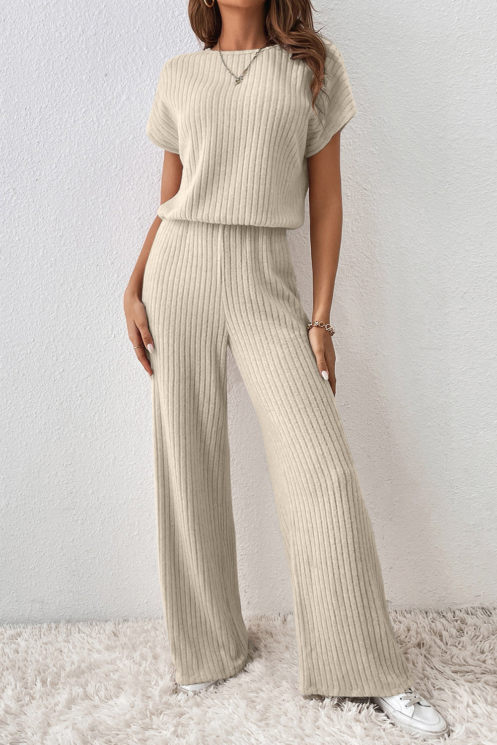 Oatmeal Ribbed Keyhole Short Sleeve Wide Leg Jumpsuit