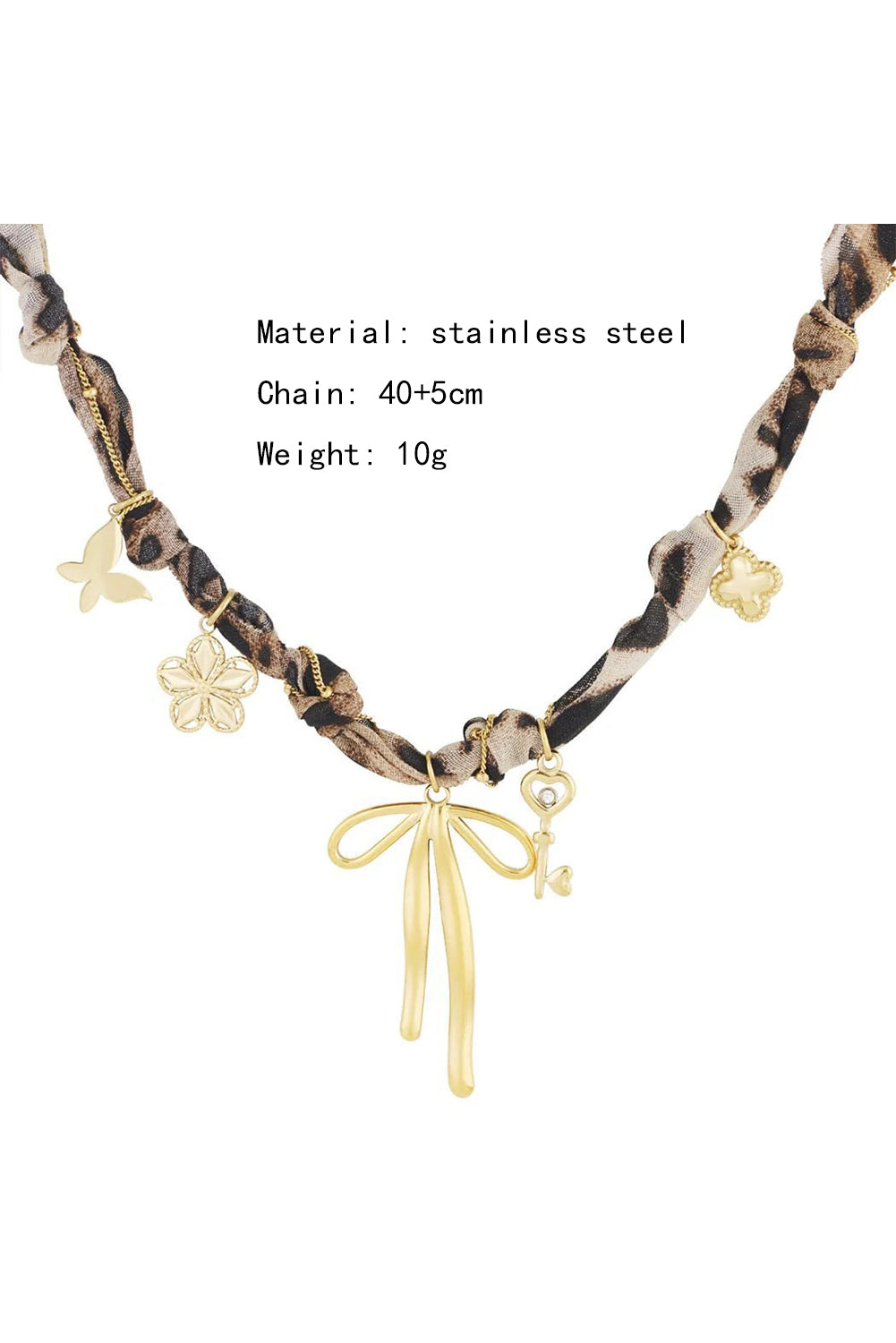 Gold Plated Bow Stainless Steel Pendant Leopard Scarf Necklace