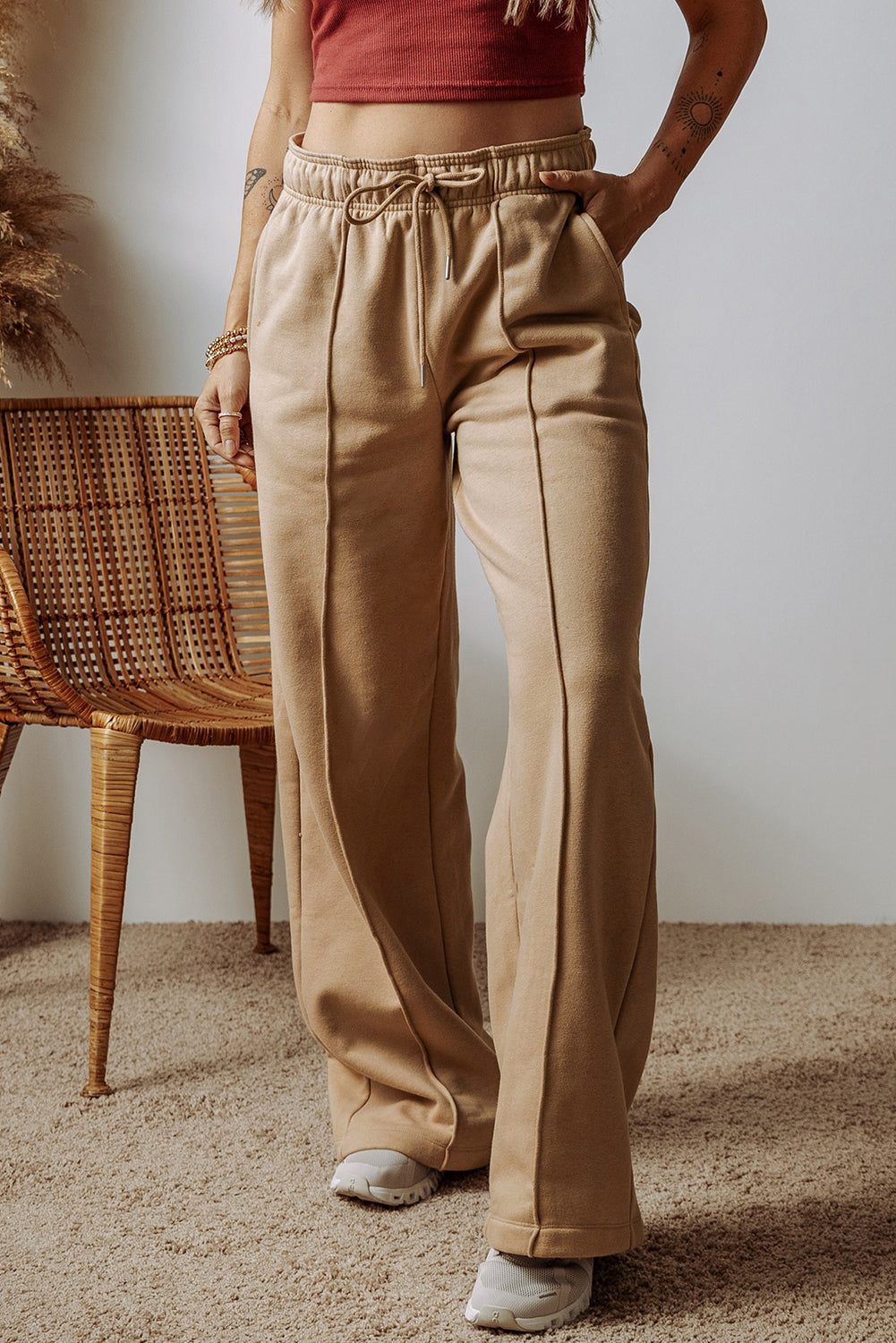 Smoke Gray Exposed Seam Drawstring Elastic Waistband Wide Leg Pants