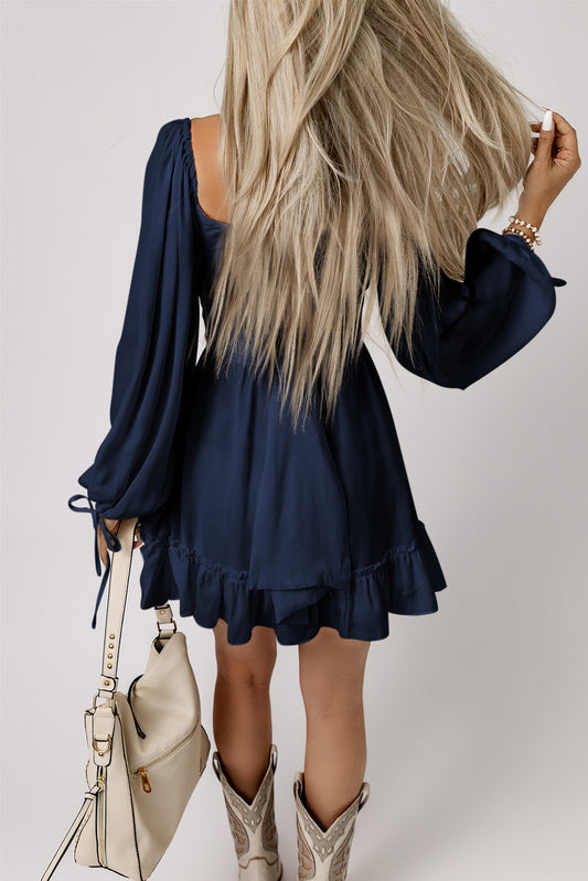 Blue White Plain Ruffled High Waist Square Neck Mini Dress