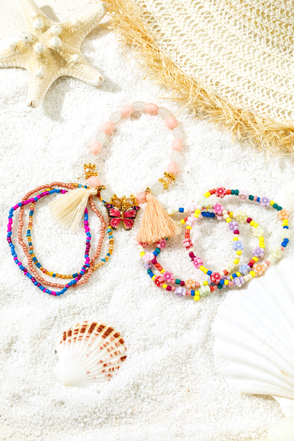 Peach Blossom 7pcs Handmade Beaded Bohemian Style Butterfly Tassel Bracelet Set
