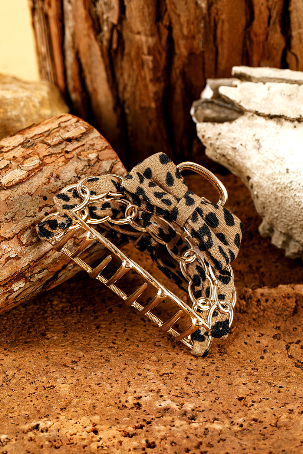 Camel Leopard Print Bow Decor Alloy Hair Claw Clip