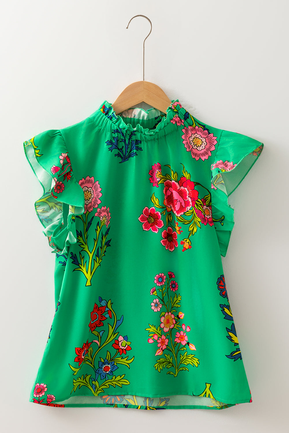 Green Floral Print Flutter Sleeve Frilly Neck Blouse