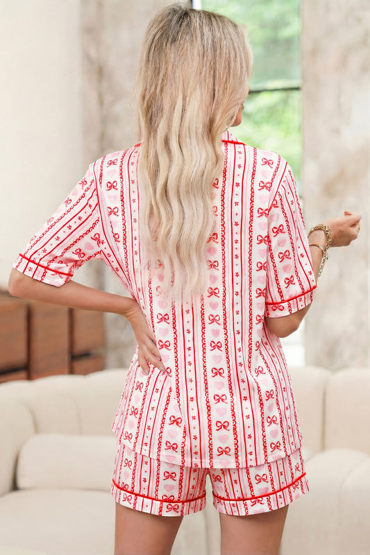 Red Cute Bow Heart Print Ribbon Decor Short 2pcs Pajama Set