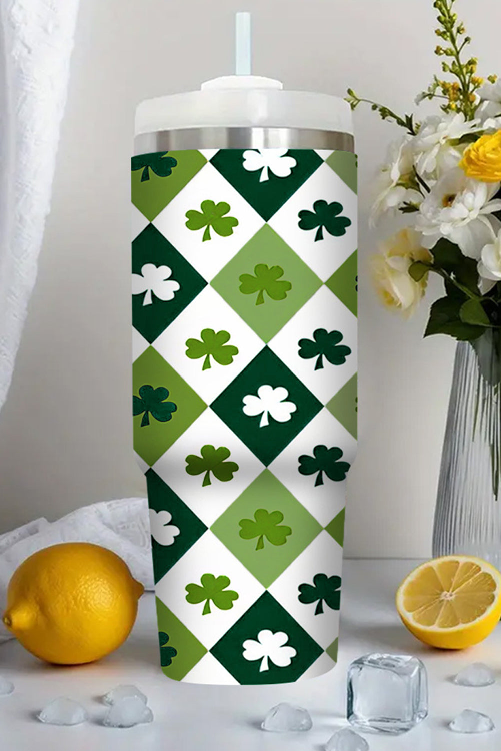 Green Clover Checkered Print Straw Large Tumbler without Handle 40oz