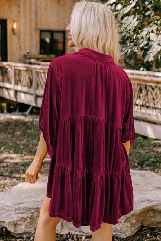 Burgundy 3/4 Sleeve Tunic Babydoll Velvet Shirt