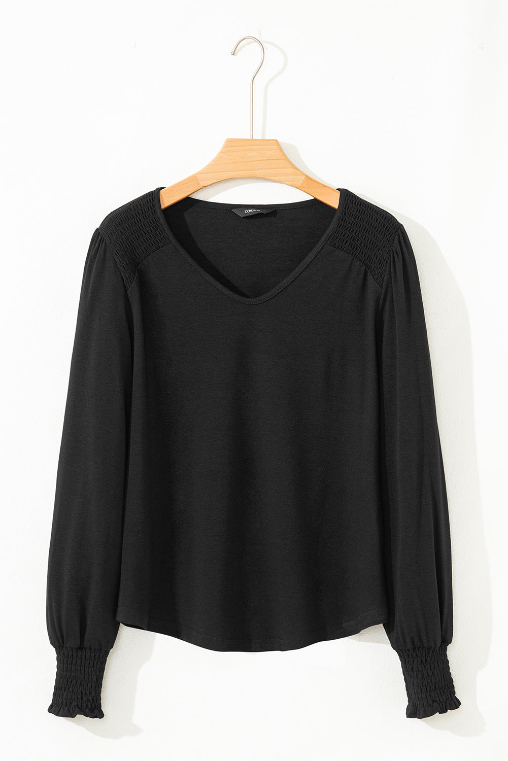 Black Shirred Shoulder Frilled Cuffs Long Sleeve Top