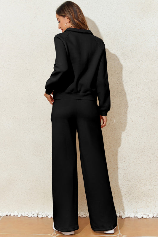 Black Solid Collared Sweatshirt and High Waist Pants Active Set