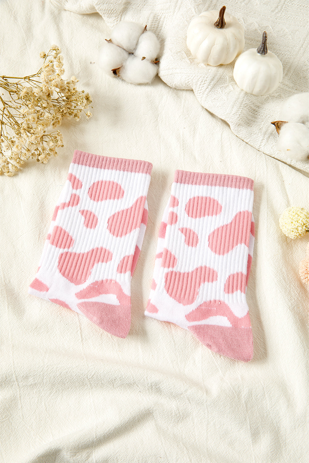 Pink Cow Print Ribbed Detail Crew Socks