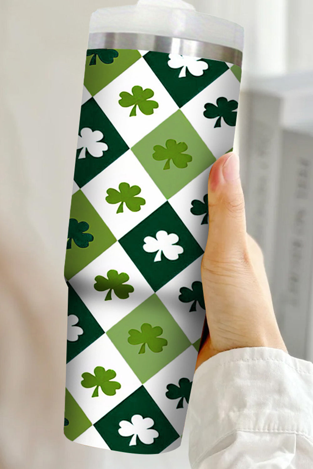 Green Clover Checkered Print Straw Large Tumbler without Handle 40oz