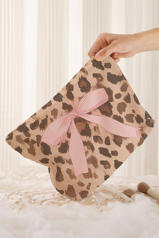 Camel Ribbon Bow Leopard Print Ribbed Cloth Makeup Bag