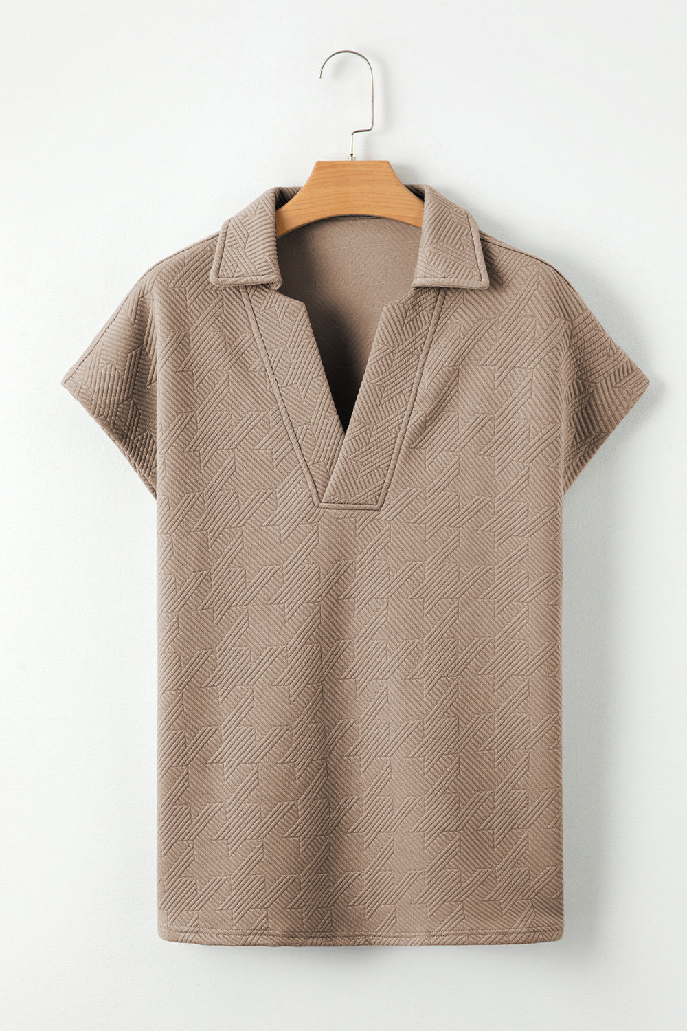 Pale Khaki Textured V Neck Collared Short Sleeve Top