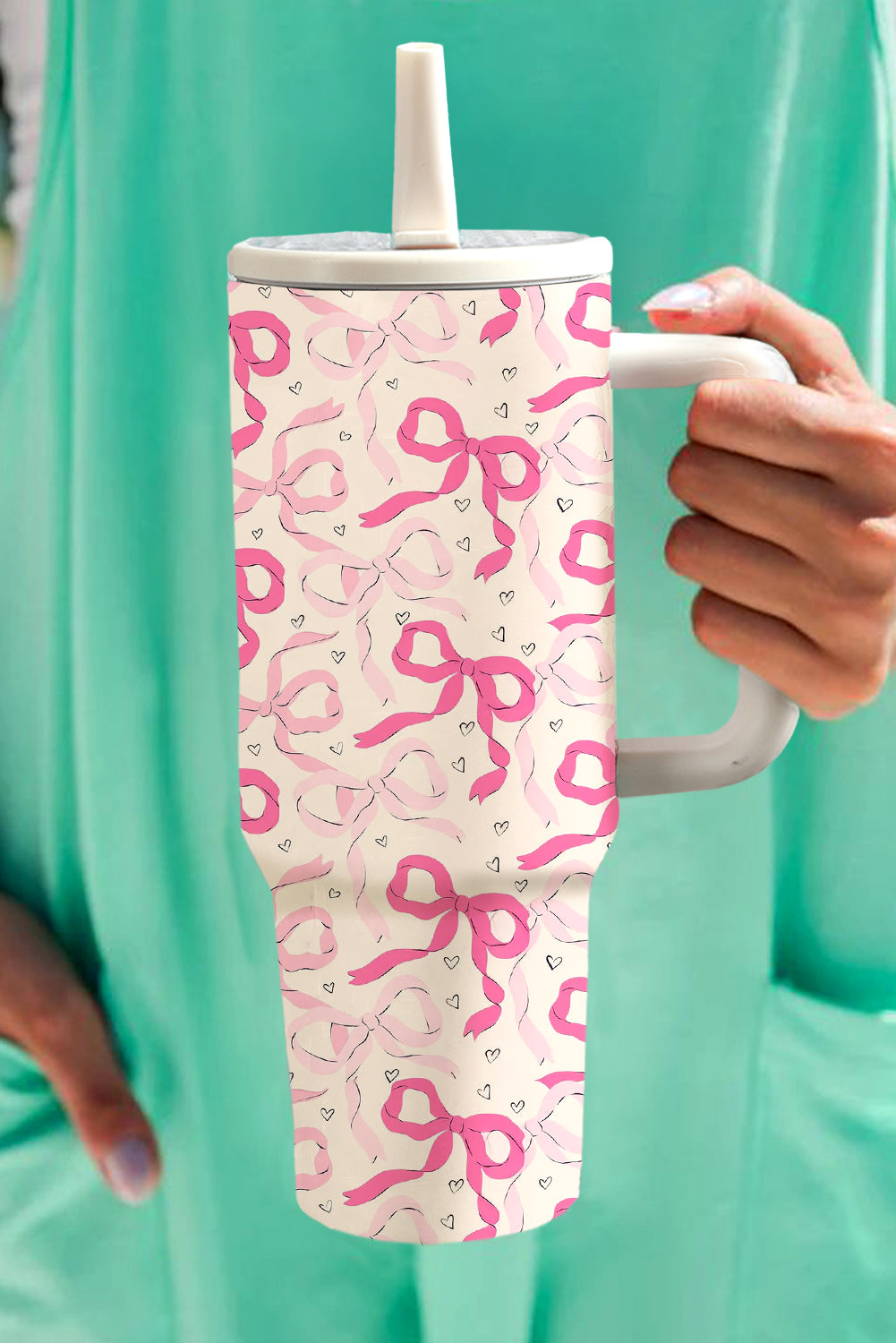 Bright Pink 40oz Cute Bow Print Tiny Heart Flip Straw Handled Vacuum Tumbler