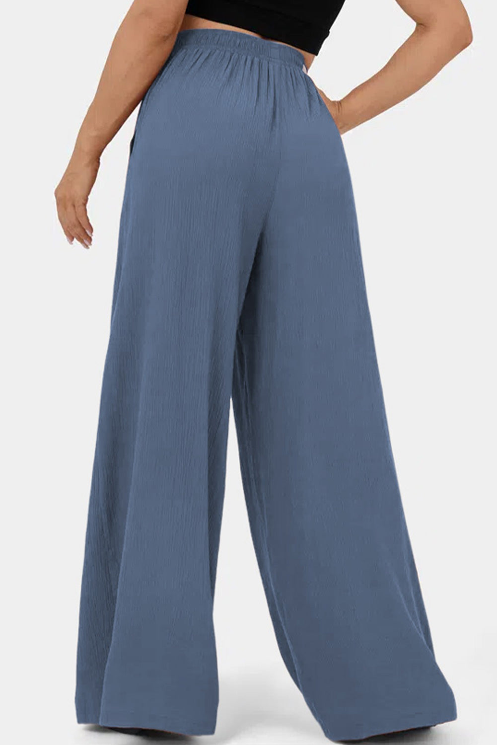 Sail Blue High Waisted Tie Front Side Pocket Wide Leg Flowy Casual Pants