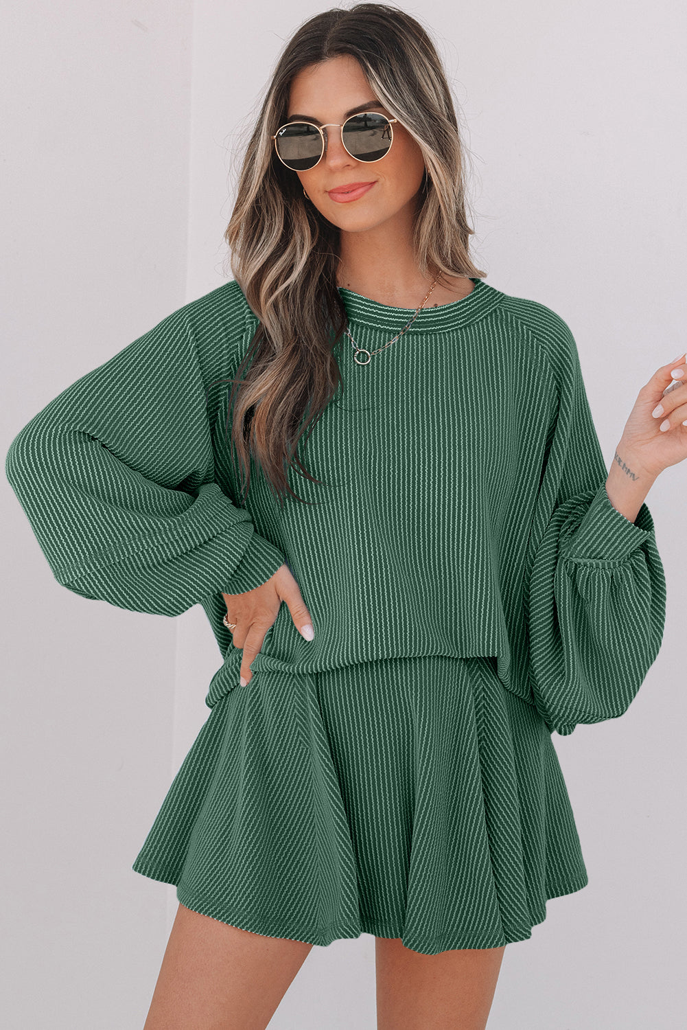 Mist Green Corded Lantern Sleeve Top High Waist Ruffled Mini Skirt Set