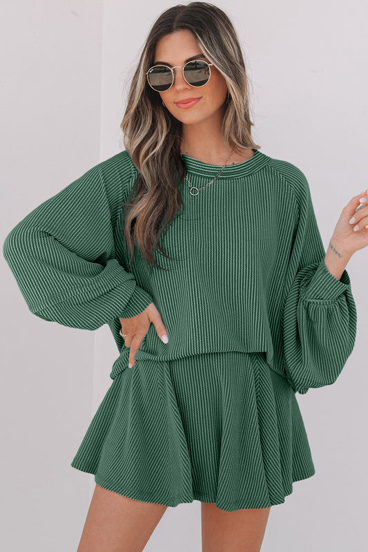 Mist Green Corded Lantern Sleeve Top High Waist Ruffled Mini Skirt Set