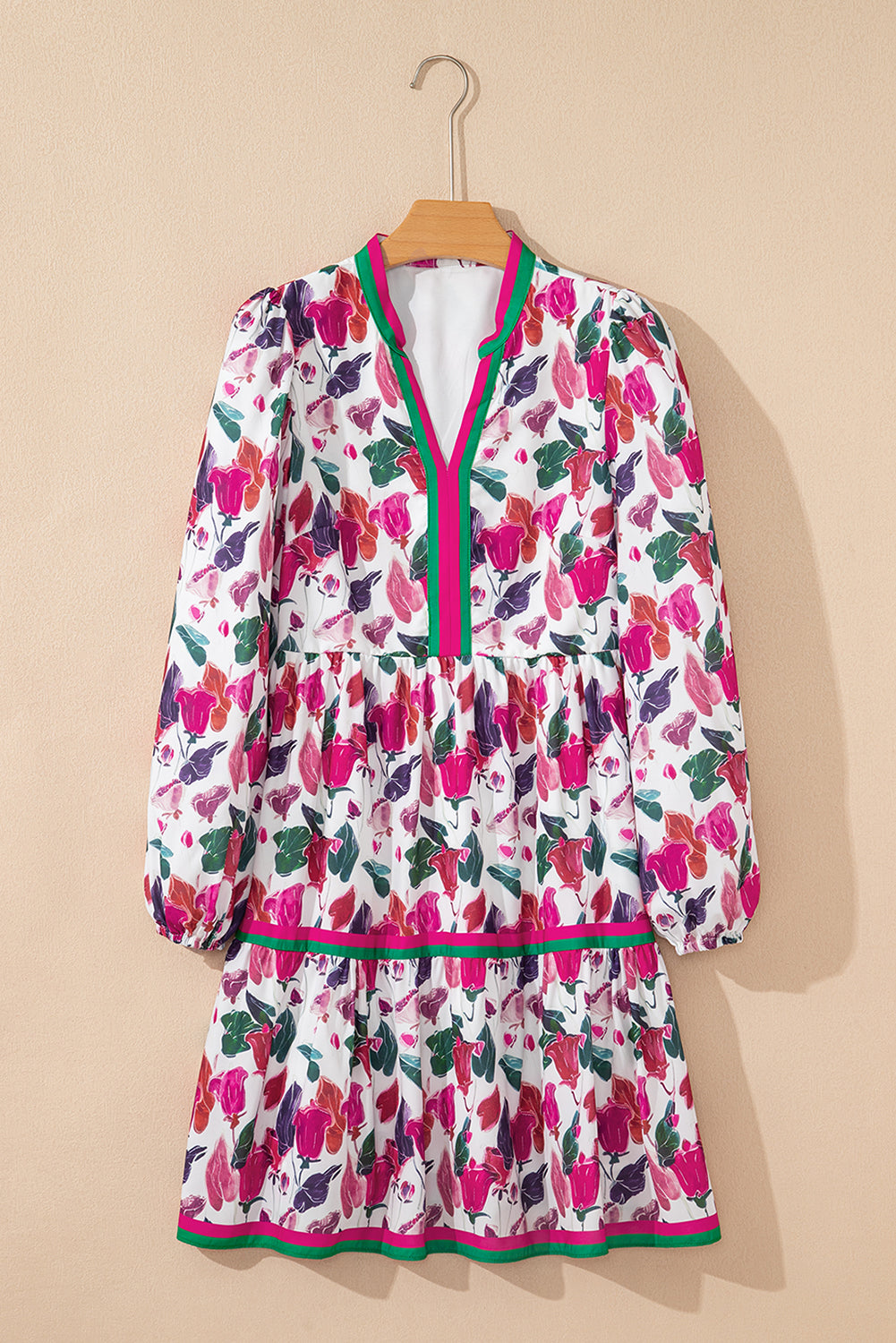 Purple Floral Print Contrast Striped Detail Long Sleeve Mini Dress