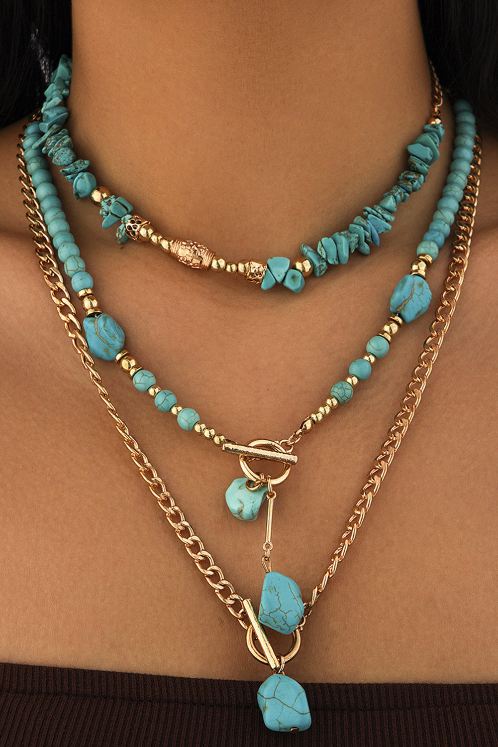 Gold Plated Toggle Clasp Turquoise Detail Cable Chain Layered Necklace Set