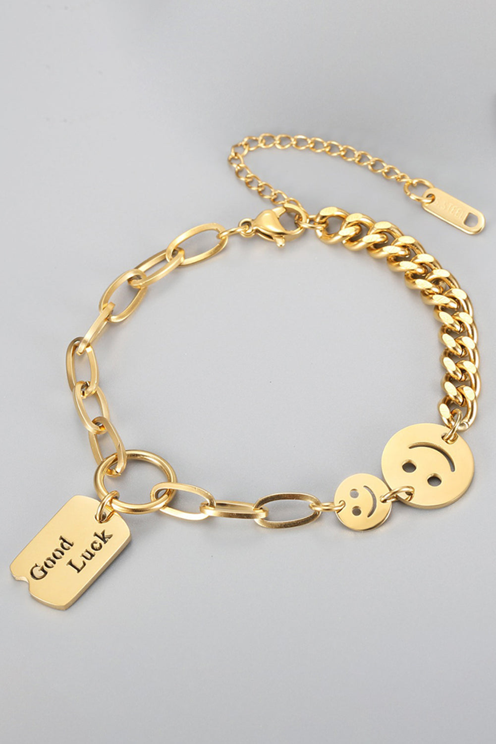 Gold GOOD LUCK Smile Face Adjustable Chain Bracelet