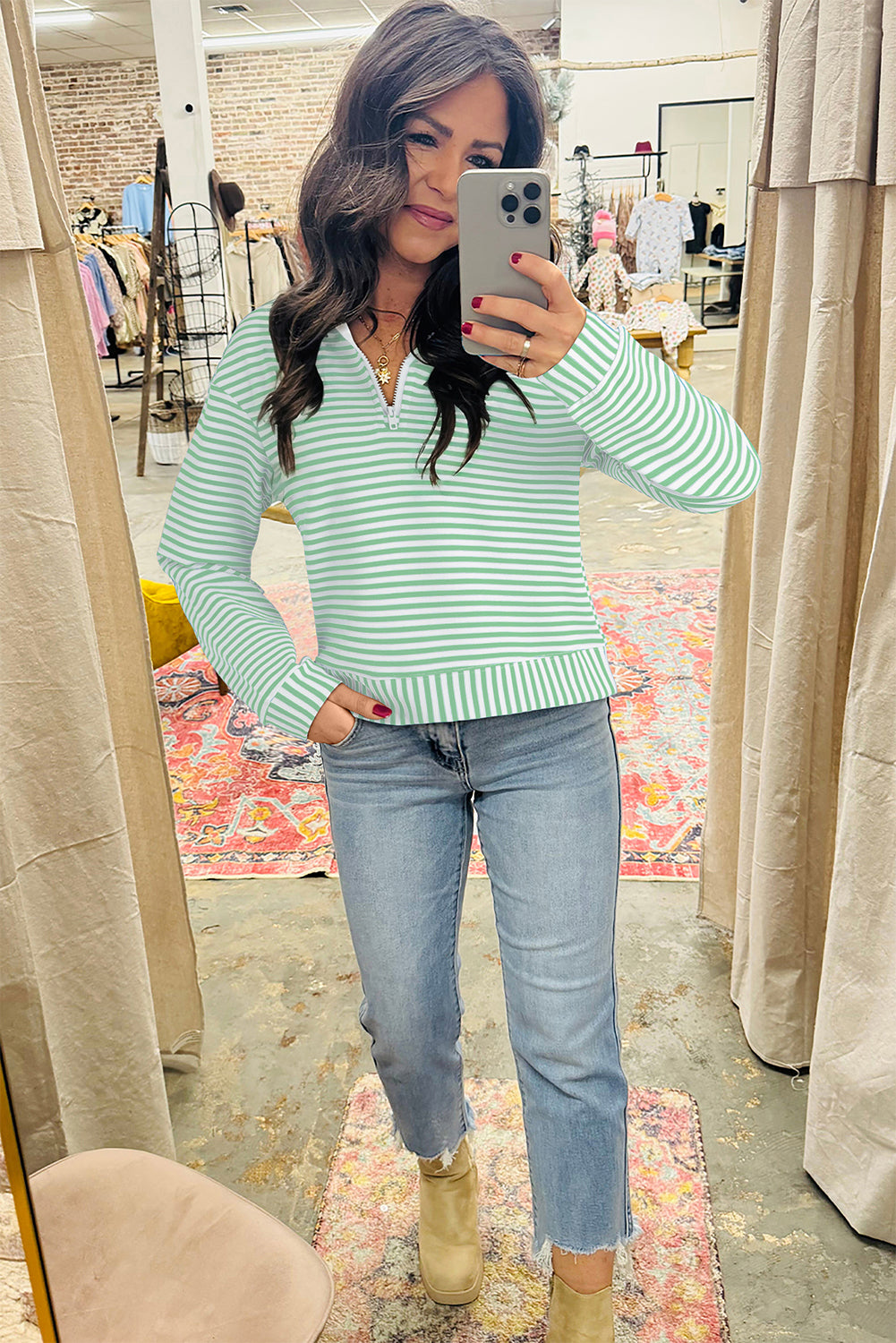 Green Stripe Quarter Zip Collar Pullover Long Sleeve Top