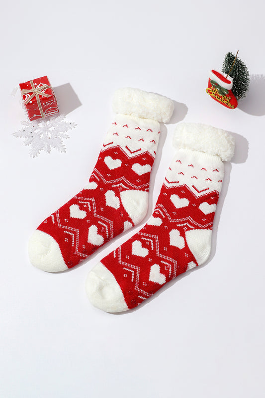 Fiery Red Geometric Heart Pattern Knit Fuzzy Cuff Christmas Knee High Socks