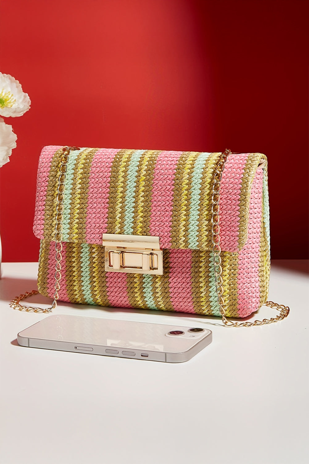 Pink Stripe Woven Flap Chain Strap Shoulder Bag