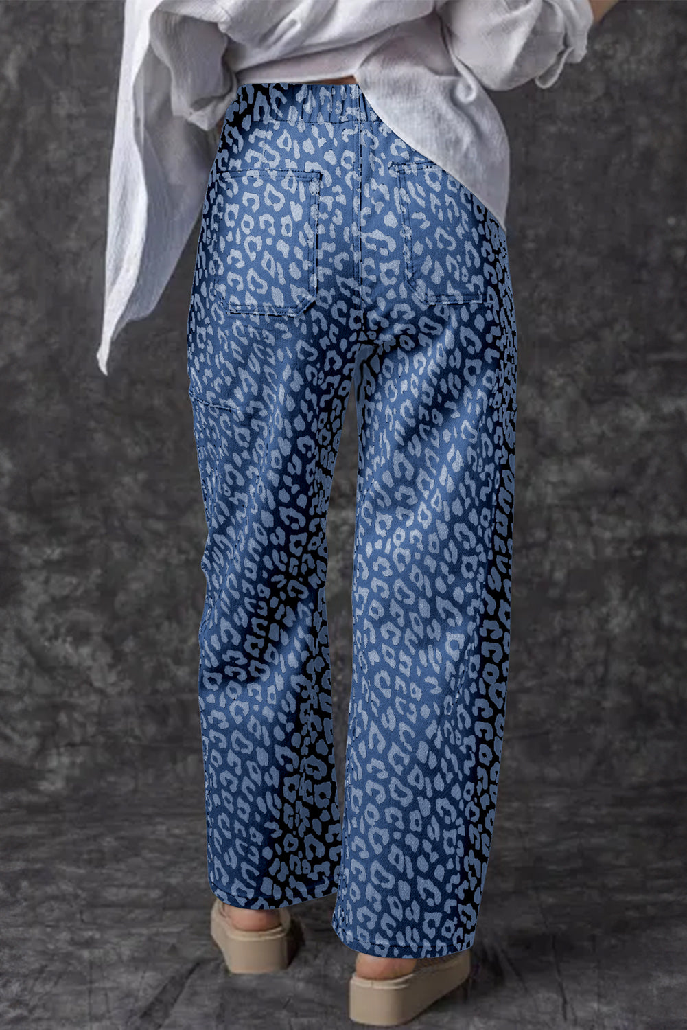 Blue Leopard Printed Drawstring Elastic Waistband Pocketed Wide Leg Jeans