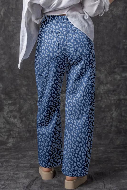 Blue Leopard Printed Drawstring Elastic Waistband Pocketed Wide Leg Jeans